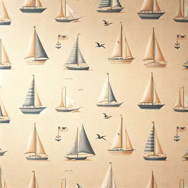 Neutral background preppy wallpaper with small scale sailboat motifs against a beige background